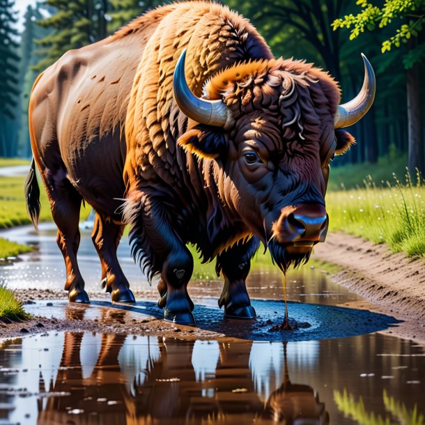 Picture of a bison in a cap in the puddle