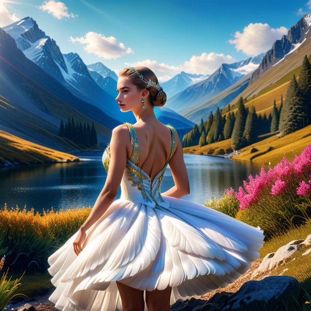 Imagen de un cisne en un vestido en las montañas