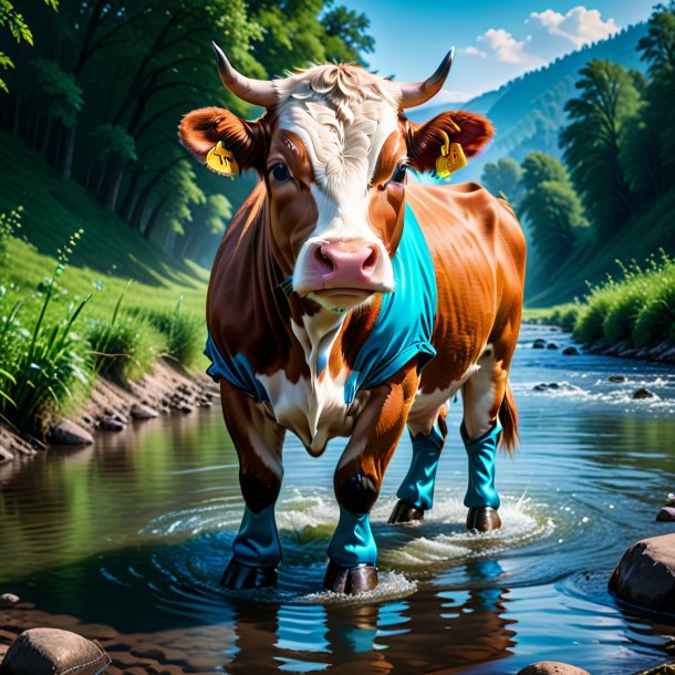 Photo of a cow in a gloves in the river