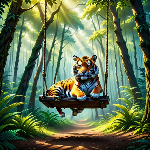 Picture of a swinging on a swing of a tiger in the forest