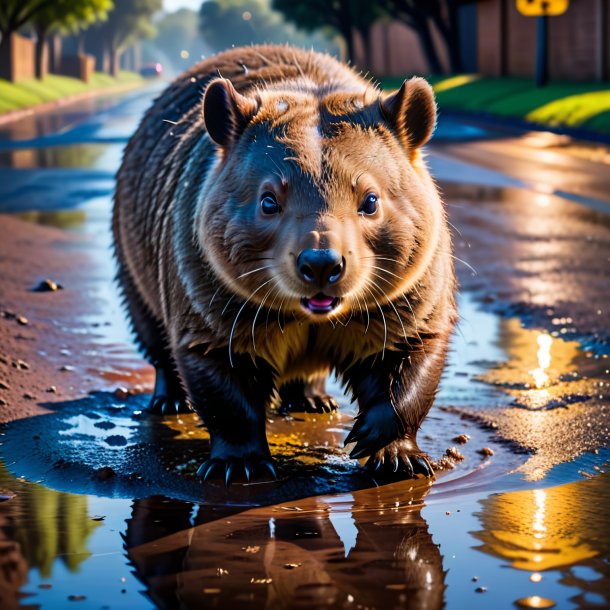 Image of a angry of a wombat in the puddle