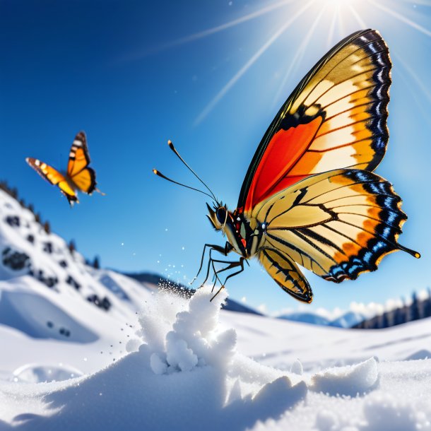 Picture of a jumping of a butterfly in the snow