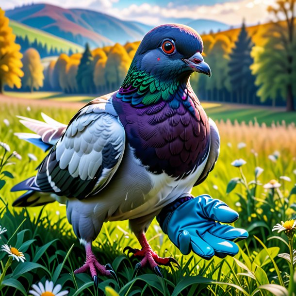 Picture of a pigeon in a gloves in the meadow