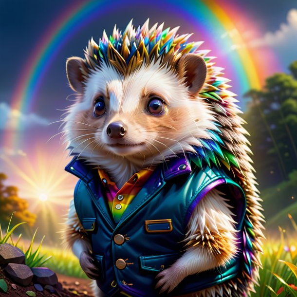 Illustration of a hedgehog in a vest on the rainbow