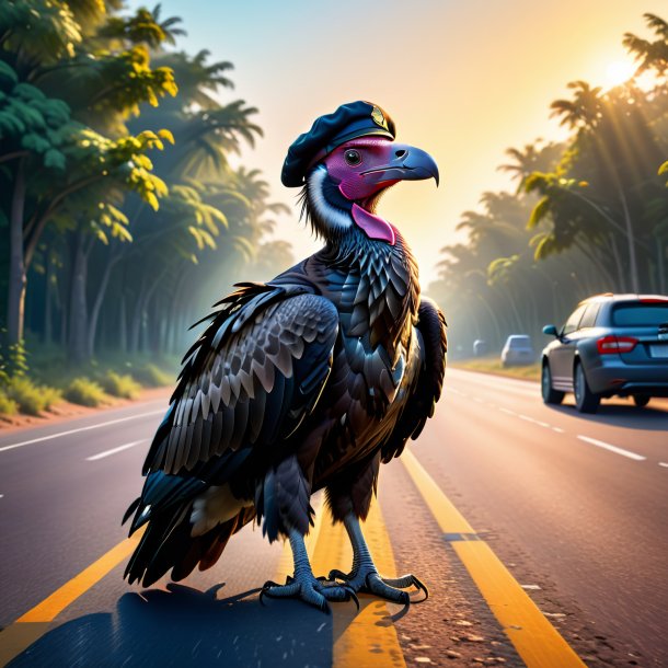 Illustration of a vulture in a cap on the road
