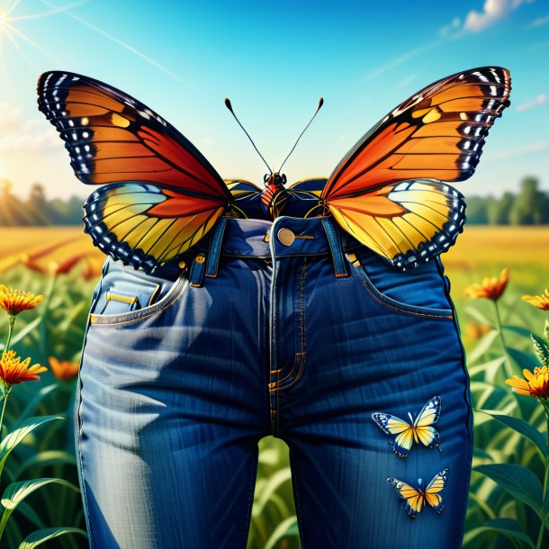 Ilustração de uma borboleta em um jeans no campo
