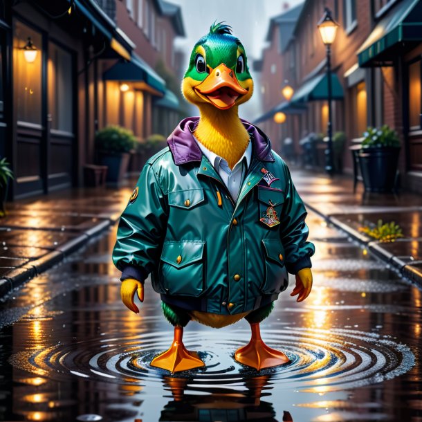 Drawing of a duck in a jacket in the puddle