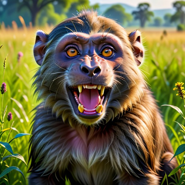 Image of a smiling of a baboon in the meadow
