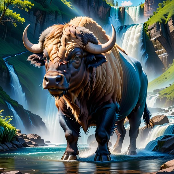 Pic of a buffalo in a jeans in the waterfall