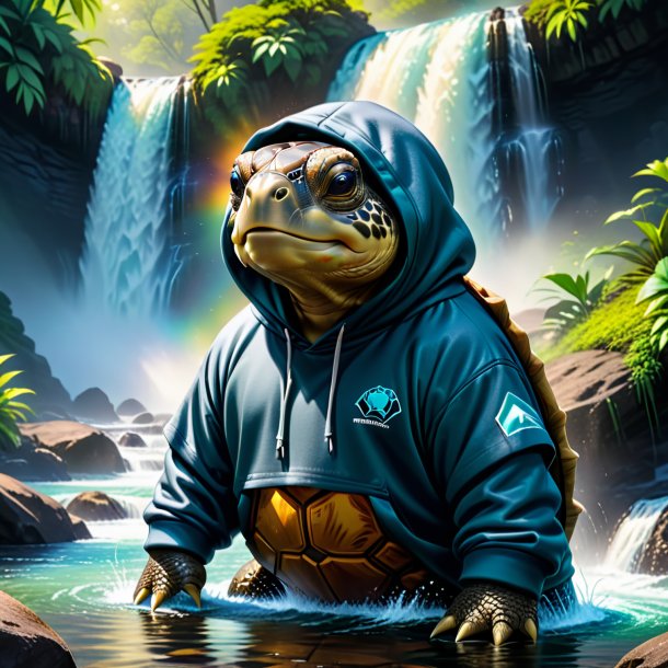 Picture of a tortoise in a hoodie in the waterfall