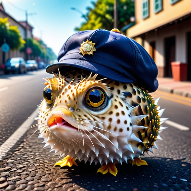 Pic of a pufferfish in a cap on the road