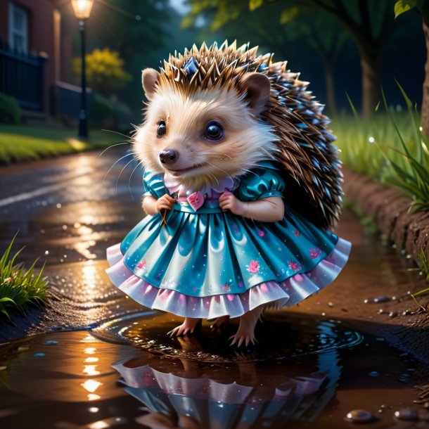 Drawing of a hedgehog in a dress in the puddle