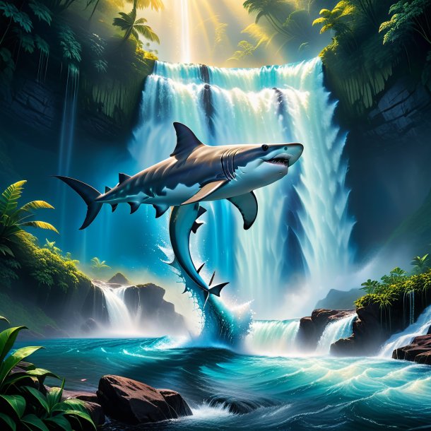 Photo of a hammerhead shark in a jeans in the waterfall