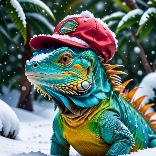 Foto de una iguana en una gorra en la nieve