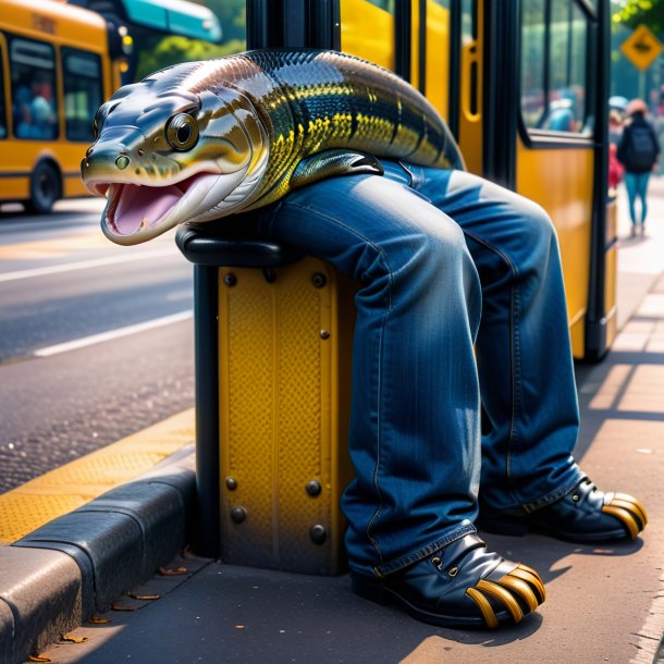 Pic of a eel in a jeans on the bus stop