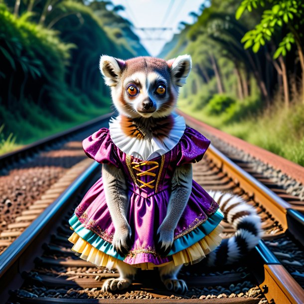 Photo of a lemur in a dress on the railway tracks