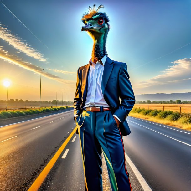 Foto de un emu en un pantalón en la carretera