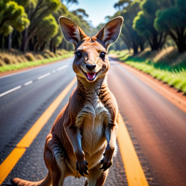 Pic of a smiling of a kangaroo on the road