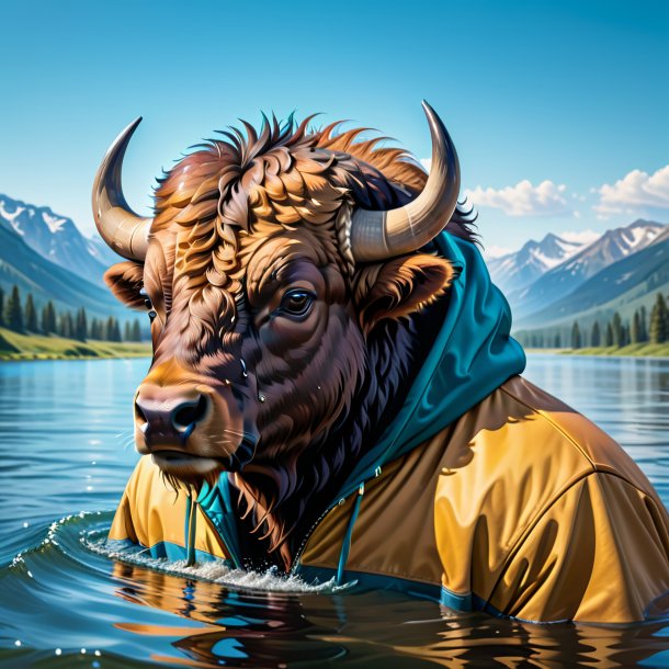 Image of a bison in a hoodie in the water