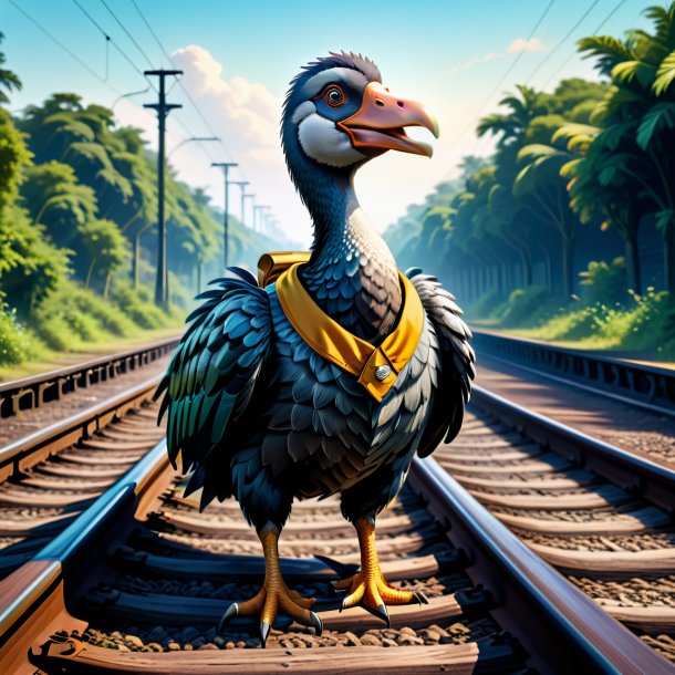 Illustration of a dodo in a vest on the railway tracks