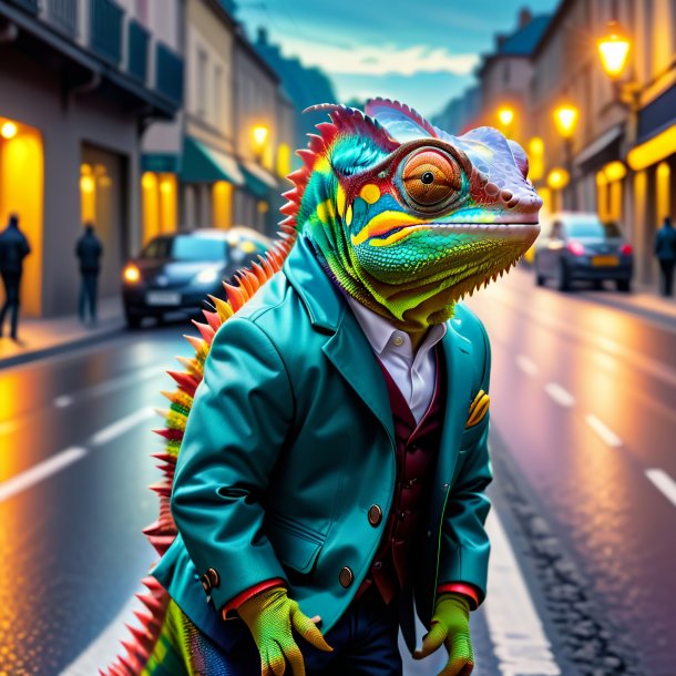 Pic of a chameleon in a jacket on the road