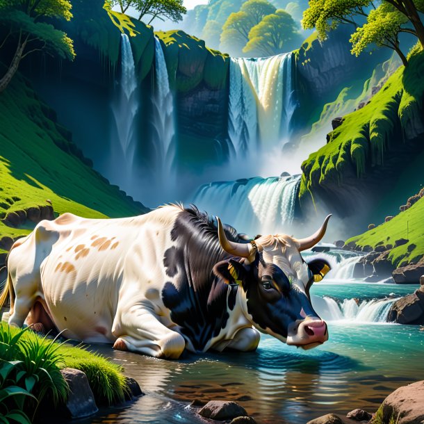 Picture of a sleeping of a cow in the waterfall
