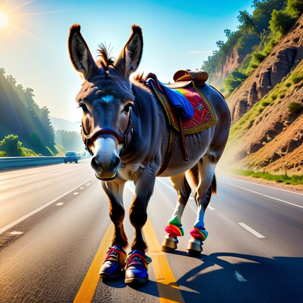 Picture of a donkey in a shoes on the highway