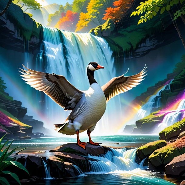 Illustration of a goose in a belt in the waterfall