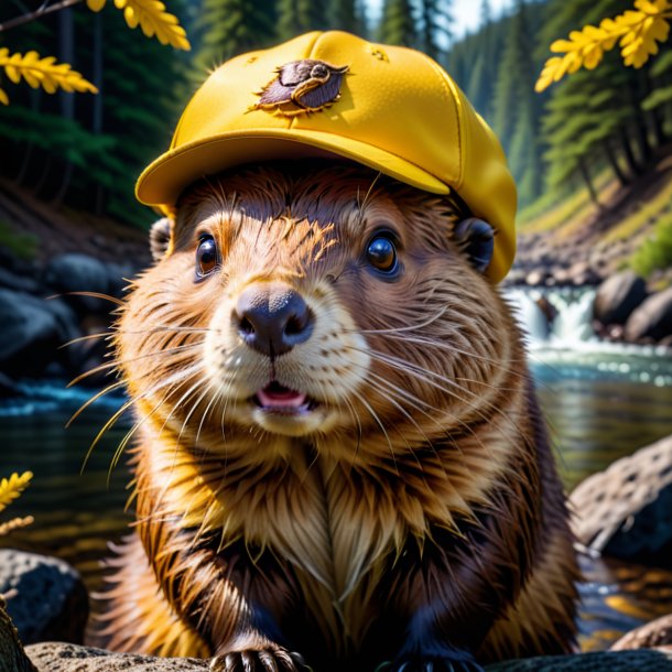 Photo of a beaver in a yellow cap