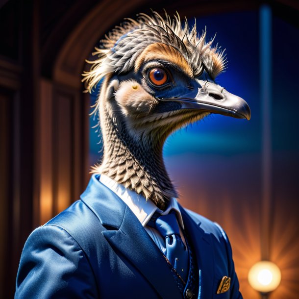 Image of a emu in a blue jacket