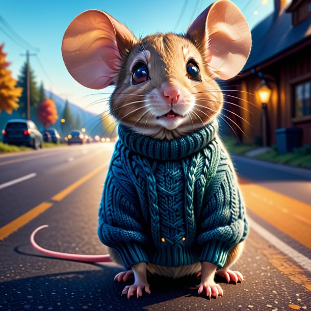 Ilustração de um rato em um suéter na estrada