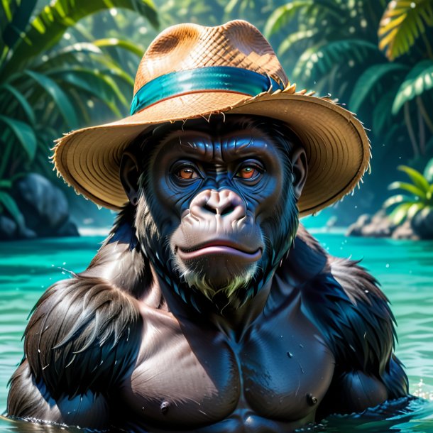Photo of a gorilla in a hat in the water