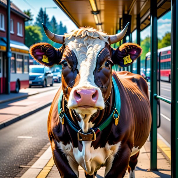 Pic of a cow in a belt on the bus stop