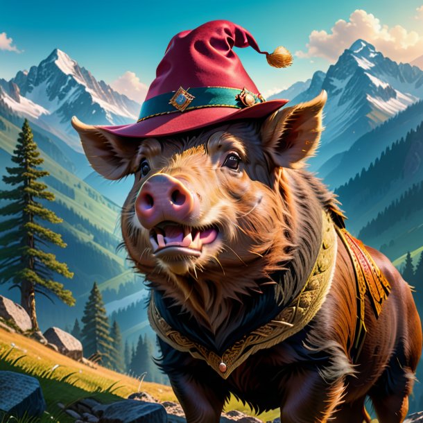 Picture of a boar in a hat in the mountains