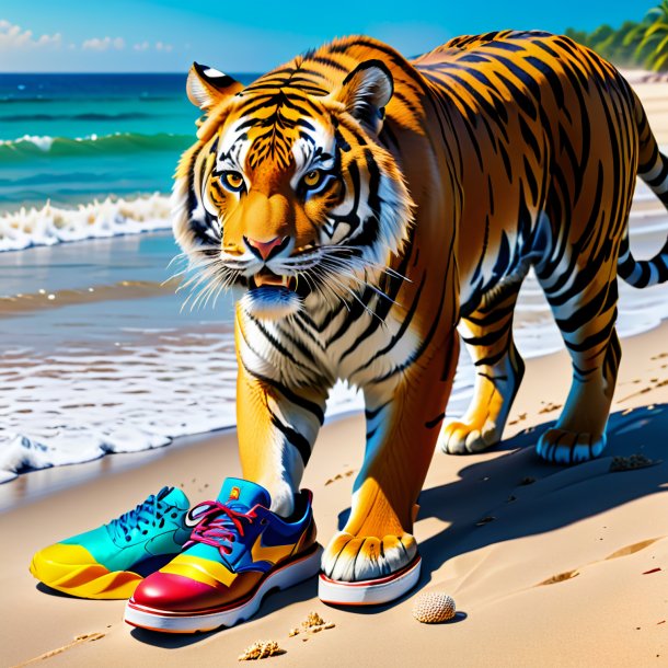 Photo of a tiger in a shoes on the beach
