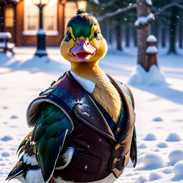 Image of a duck in a vest in the snow