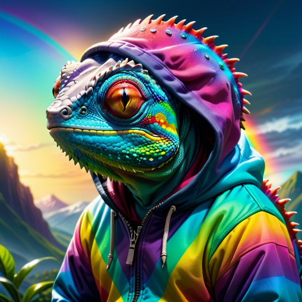 Pic of a chameleon in a hoodie on the rainbow