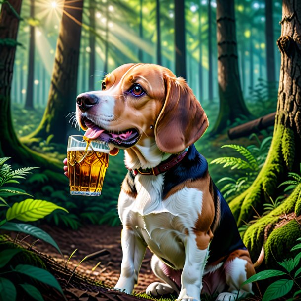 Photo of a drinking of a beagle in the forest