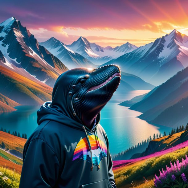 Photo of a whale in a hoodie in the mountains