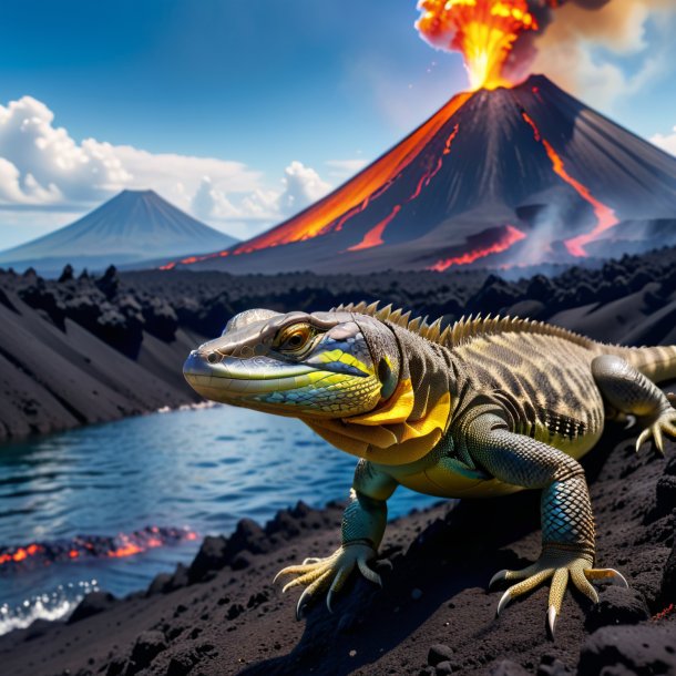Imagen de una natación de un lagarto monitor en el volcán