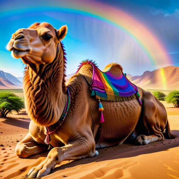 Photo of a resting of a camel on the rainbow