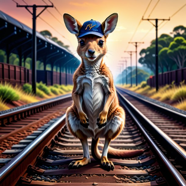 Desenho de um canguru em um boné nos trilhos ferroviários