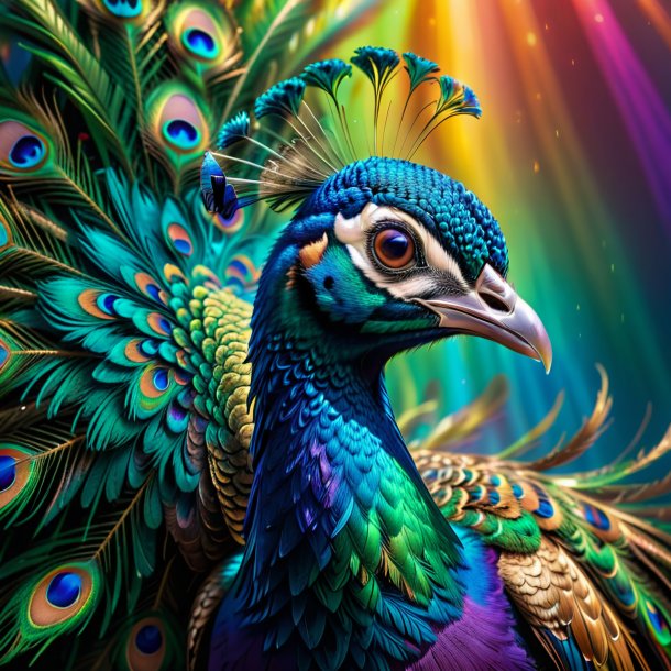Imagen de un llanto de un pavo real en el arco iris