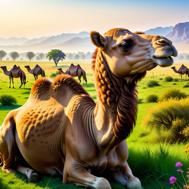 Picture of a resting of a camel in the meadow