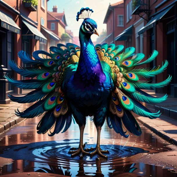 Illustration of a peacock in a gloves in the puddle