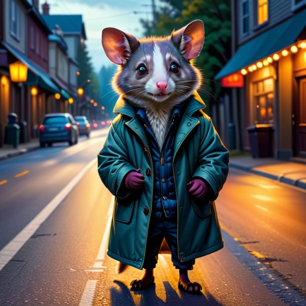 Drawing of a possum in a coat on the road