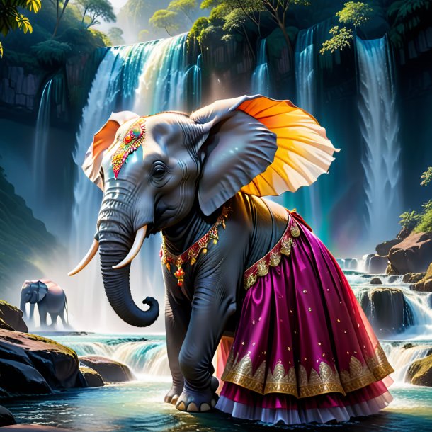 Pic of a elephant in a dress in the waterfall