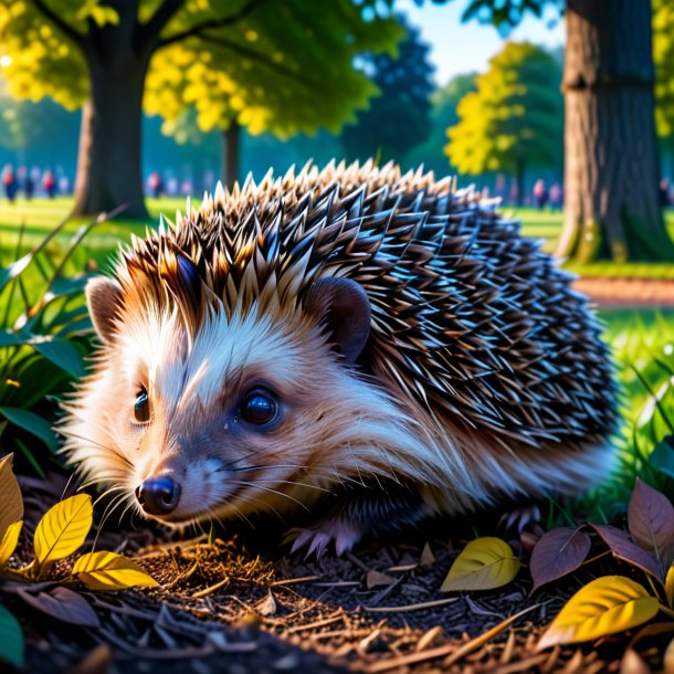 Photo of a resting of a hedgehog in the park