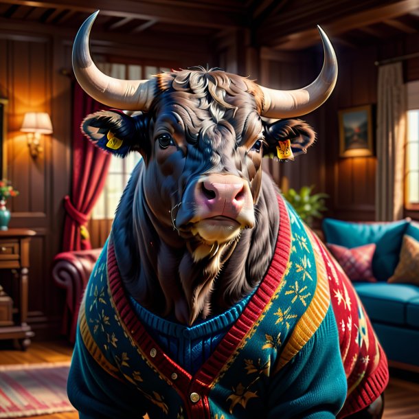 Picture of a bull in a sweater in the house