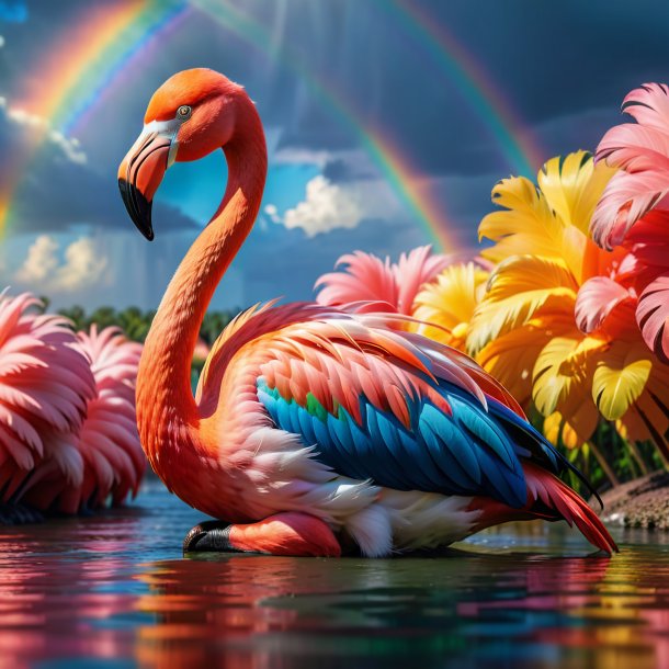 Picture of a resting of a flamingo on the rainbow